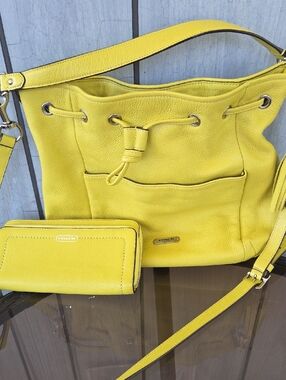 Coach Yellow Leather Drawstring Hobo Bag with Matching Wallet